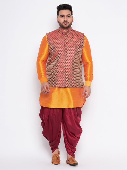 Vastramay Men's Plus Size Maroon Woven jacket And Orange kurta And Dhoti Set